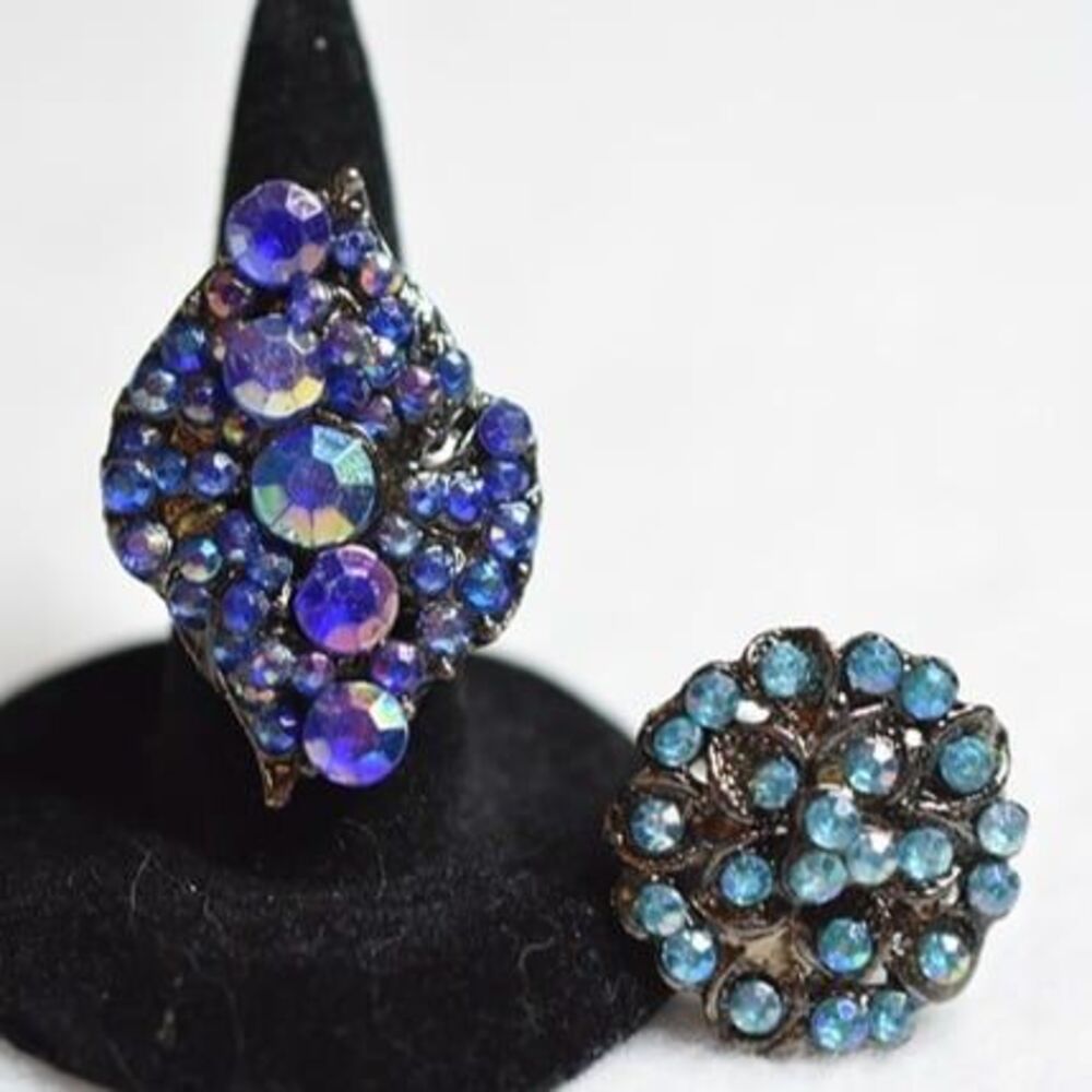 Blue & Blue Set Of 2 Rhinestone Sz 6-10 Adj Black Metal Alloy Victorian Rings
